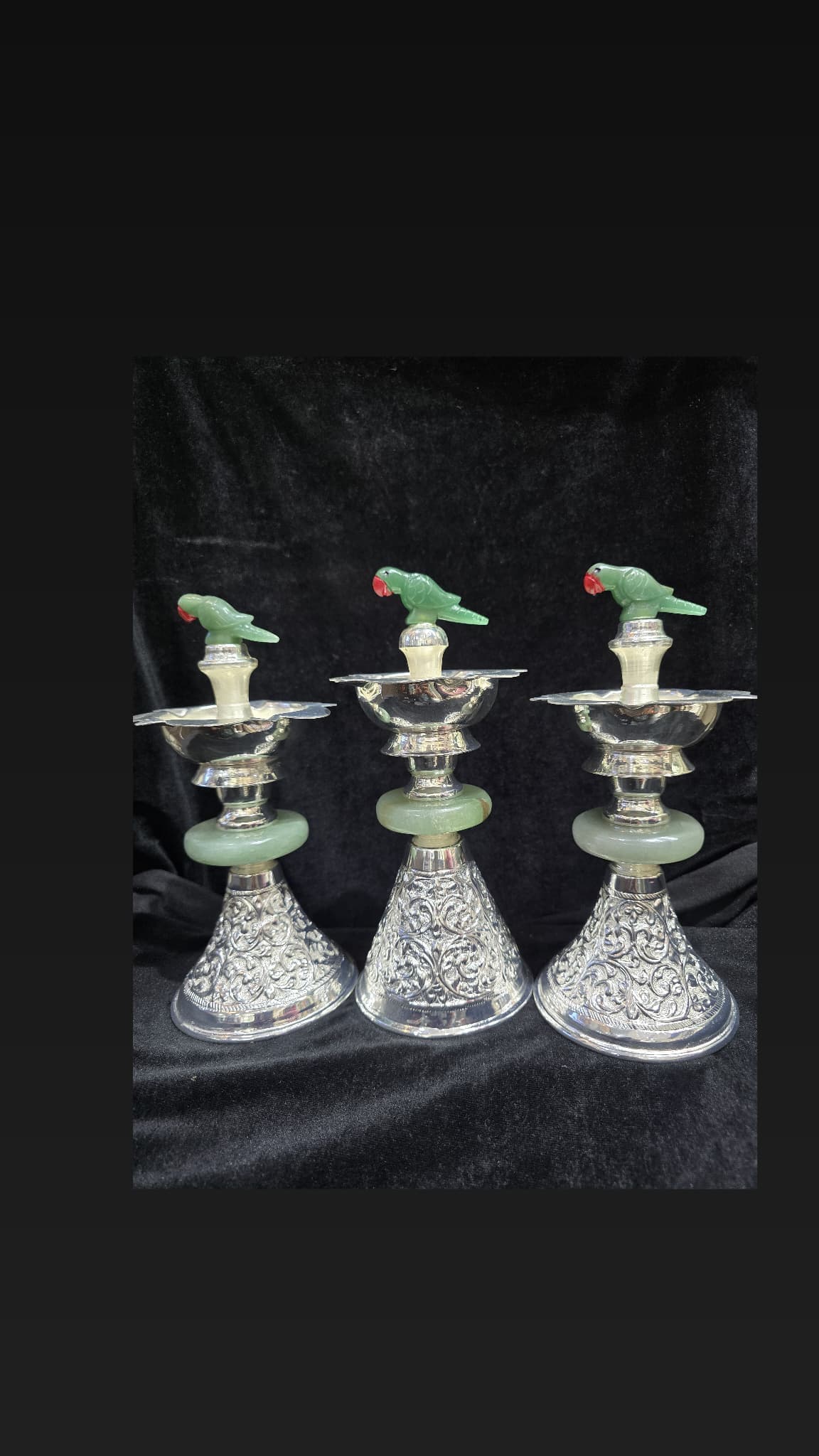 Jade Parrot Diya — Silver Filigree