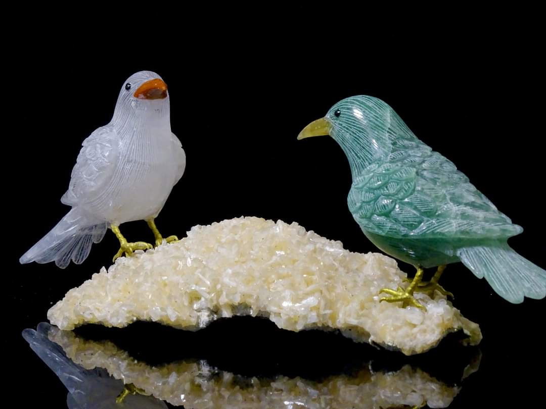 Crystal Bird Pair on Druzy Cluster